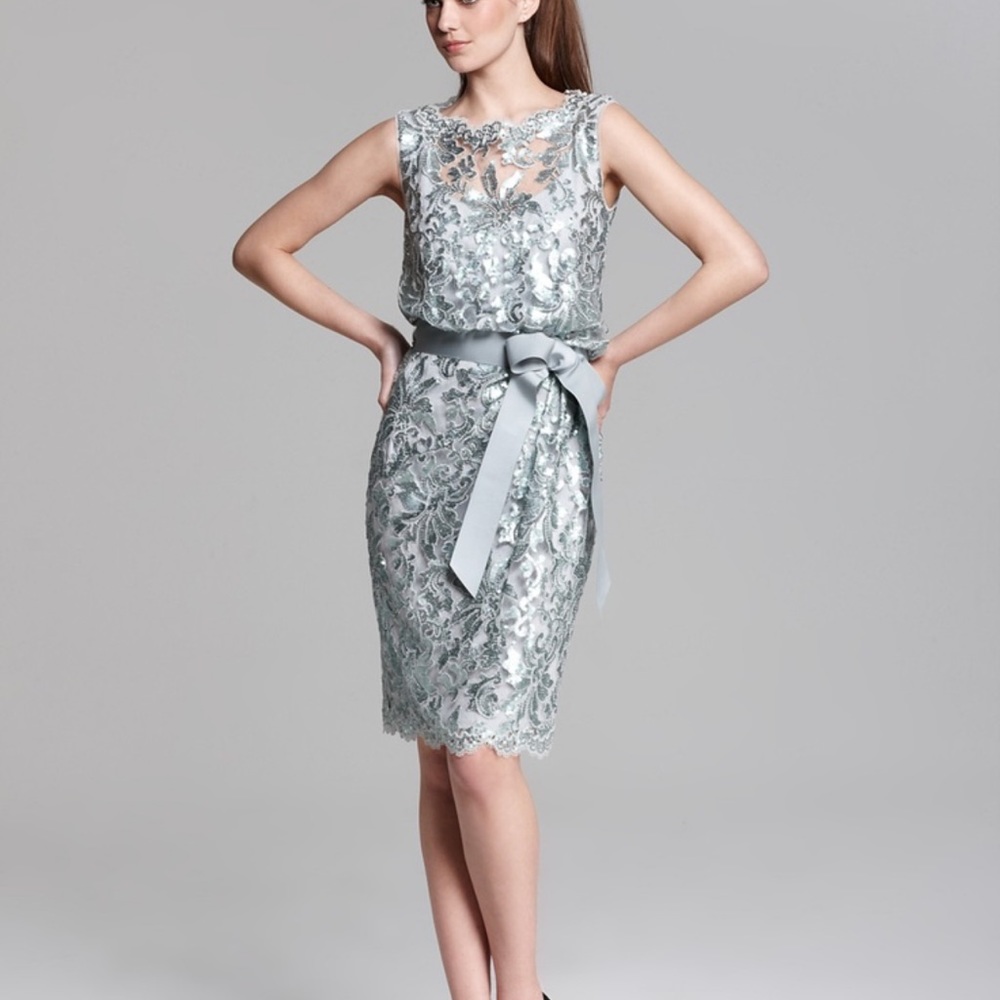 TADASHI SHOJI Floral Lace Sequin Tie Waist Cocktail Dress